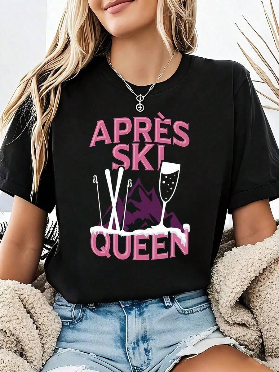 playeras de algodón mujer 1pscCamiseta con estampado de letras Apres Ski Queen, manga corta y cuello redondo, top casual para verano y primavera, ropa de mujer100%cotton ropa de mujer Daily home top - Negro - Ver 1