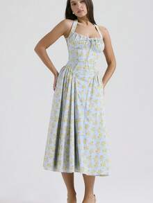 Vestido largo tirantes ajustable con estampado elegante estilo europeo - Verde Pastel - Ver 4