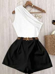 Conjunto de top plisado de hombro de color marrón sólido y elástico para uso casual y pantalones blancos de cintura elástica - Blanco - Ver 6