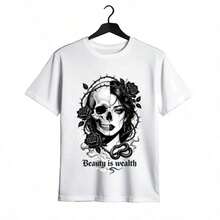 Tops para mujer Casual de Algodón de Manga Corta con Cuello Redondo para Mujer con Estampado de Calaveras y Rosas - Blanco - Ver 2