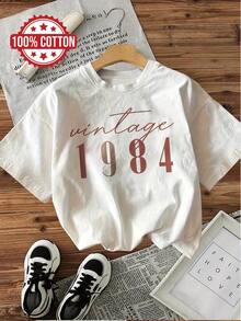 Camiseta casual de manga corta y cuello redondo, 100% algodón, con estampado estilo retro de 1984, adecuada para verano y primavera, ropa de mujer. - Blanco - Ver 1