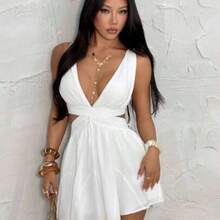 PETITE White Chiffon V-Neck Backless Tie Strap Mini Dress, White Dress, Graduation Dress, Vacation Dress, Spring/Summer ,Summer Dress - Blanco - Ver 1