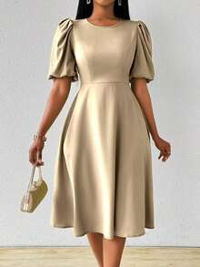 Vestido verde de manga abullonada larga, cuello en V, cintura recogida y bajo acampanado, para primavera y verano - Albaricoque - Ver 3