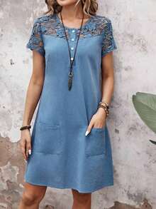 Vestido de verano casual y vintage para mujer con encaje empalmado - Albaricoque - Ver 10