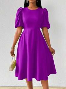 Vestido verde de manga abullonada larga, cuello en V, cintura recogida y bajo acampanado, para primavera y verano - Morado Violeta - Ver 7