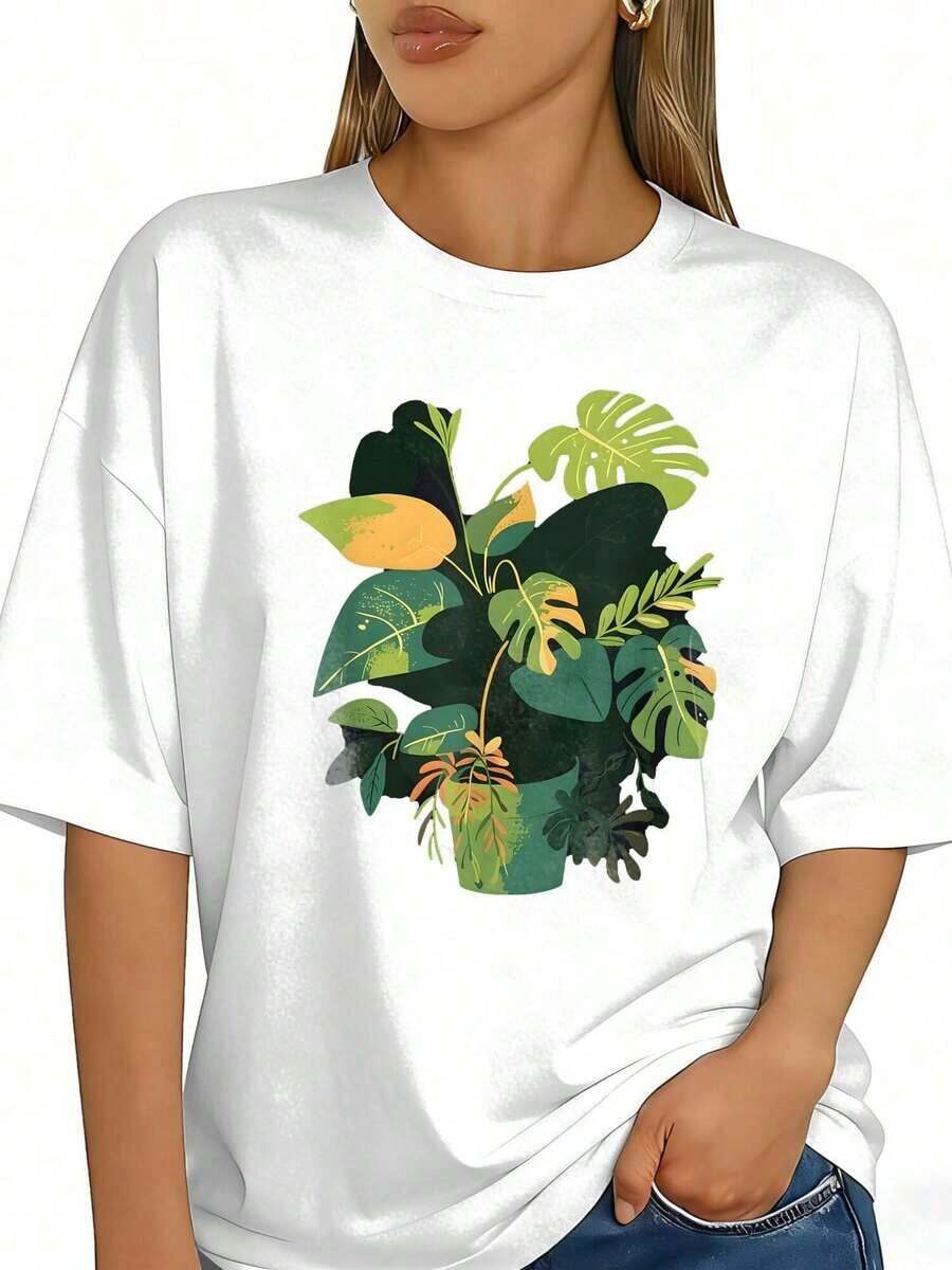 Women's Clothing T-Shirt With Artistic Tropical Plant Graphic Print Design For Home Decor, Casual Short-Sleeved Round Neck Top For Summer And Spring, Women's Clothing Women's Shirts - 白色 - 查看 1