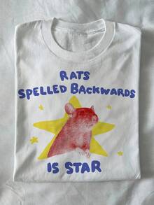 Camiseta unisex con diseño de ratón y la frase "rats spelled backwards is star", camiseta divertida con temática de animales, regalo con temática de ratones, camiseta peculiar, camiseta alternativa, camiseta que resuena, nueva colección primavera/verano 2026, adecuada para uso diario al aire libre - Tejido ligero y suave. - Negro - Ver 4