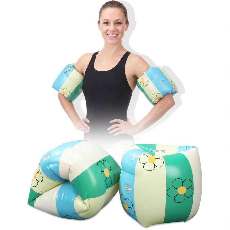 2 Pcs Arm Floaties PVC Inflatable Arm Band Striped Pool Floats Sleeves Swimming Float Rings For Adult Girls And Boys Water Sports Learning Swim Training Summer Beach Party, Pool Inflatable, Beach Essentials, Pool Float - Green - View 1