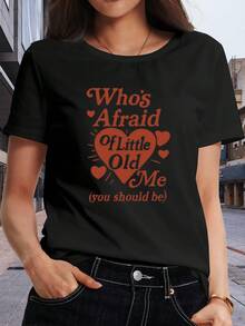 Classic Short-Sleeved T-Shirt With "Who's Afraid Of Me?" Print, Round Neck, Women's Clothing, Casual Short Sleeve, Summer Clothing For Women, Essential For Autumn And Winter, Office Wear, Travel Wear, Hit Of . - 黑色 - 查看 6