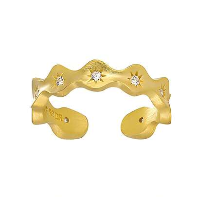 18K Gold Brushed Wave Star Ring With Zirconia 925 Sterling Silver Fashion Adjustable Rings For Women Everyday Jewelry