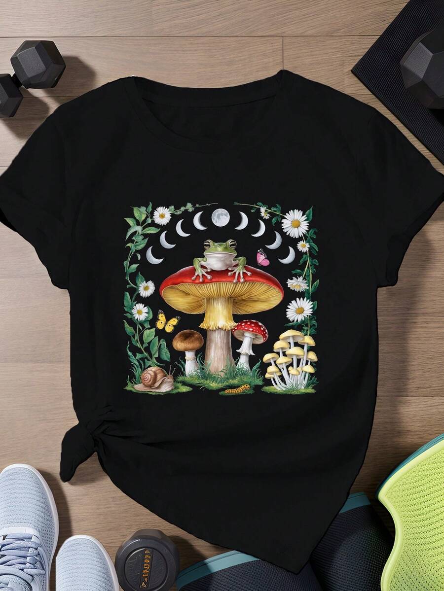 Women's Plus Size Frog Short Sleeve Sports T-Shirt, Women's Summer Graphic T-Shirts, Women's Casual Printed T-Shirt, Short Sleeve And Round Neck, Spring/Summer Local Urban Fashion. - 黑色 - 查看 1
