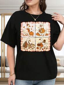Women's Plus Size Autumn Graphic T-Shirt - Duck And Pumpkin Design For Halloween - Soft Casual Top For Everyday Wear - Black, Machine Washable, Comfortable To Wear - Women's Fashion For All Seasons. Women's Summer Graphic T-Shirts - Women's Casual Printed T-Shirt, Short Sleeve And Crew Neck, Local Spring/Summer Streetwear. - 白色 - 查看 7