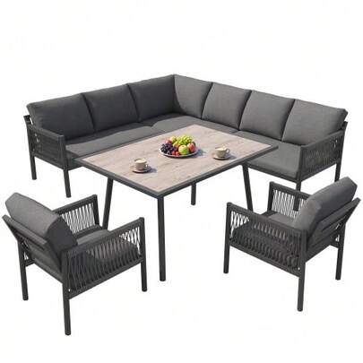 Garden Furniture Set With Coffee Table, L-Shaped Corner Sofa For 7 To 8 People, Including A Coffee Table With A Wood-Effect Glass Top And Two Hand-Woven Armchairs, Grey.