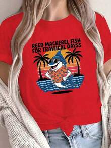 ComfortableCamiseta Ligera de Mujer Blanca con Estampado Vintage de Bacalao - Estilo Camisa Hawaiana de Manga Corta, con Patrones de Tiburón Tropical y Atún, Ropa Casual de Playa, Atuendo para Fiesta Hawaiana, Camiseta de Verano. Tops de Verano Suaves 100% algodón, Camiseta Holgada Versátil de Manga Corta para Mujer - Rojo - Ver 1