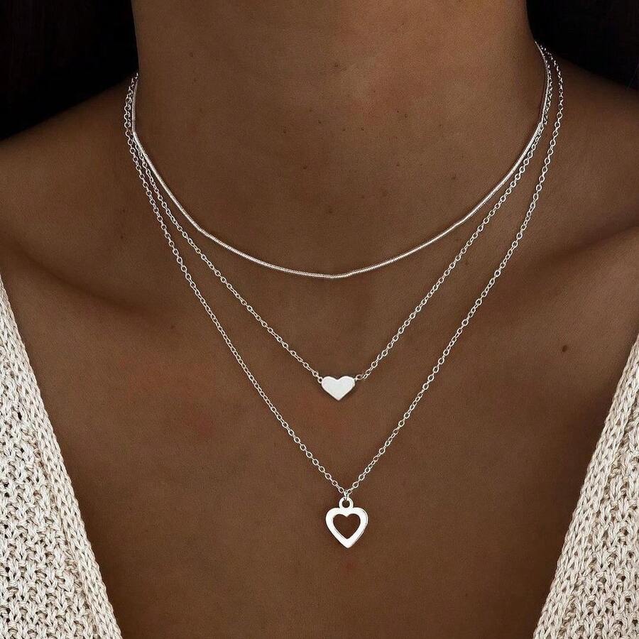 3/2/1 Piece Fashion Simple Heart Faux Pearl Butterfly Cross Multi-Layer Women's Necklace Set For Women Dating Party Vacation Daily Versatile Holiday Gift (Random Pearl Quantity) - Silver - View 1