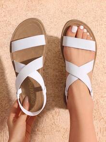 Women's Blush Flat Sandals For Women, Open Toe Elastic Cross Ankle Strap Fashion Summer Flat Sandals - White - View 1