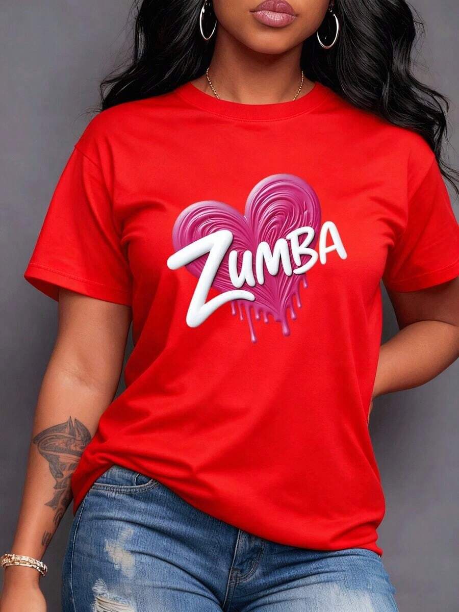 Corazón rosado vibrante con '' blanco y goteo simboliza pasión energía ritmo alegría movimiento y vitalidad del baile fitness para entusiastas Camiseta de mujer -Vintage Street Style Unisex Loose Cotton Short Sleeve Crew Neck-Shirt - Rojo - Ver 1