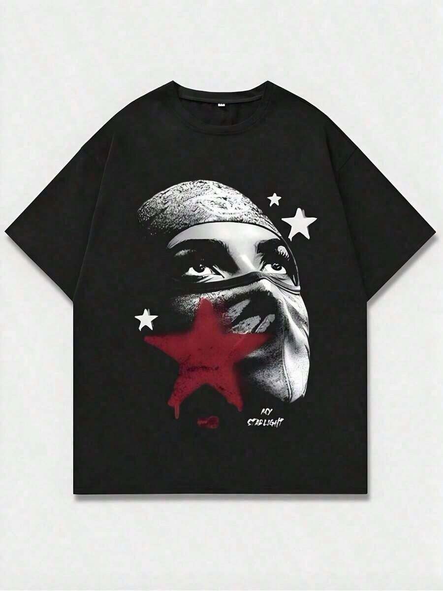 Top mujerCamiseta Negra para Hombre con Estampado de Cara Enmascarada y Estrellas - Estilo Misterioso y Moderno, Estampado Casual, Cómoda y Versátil, Camiseta Estampada de Algodón Puro de 220g con Patrón de Letras, Estilo UnisexTendencia 2026 - Negro - Ver 1