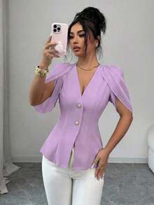 Blazer elegante y romántico para mujer con cuello en V, plisado y cintura ceñida - Púrpura malva - Ver 4