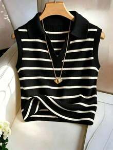 Chaleco de punto de rayas con cuello para mujer, elegante y casual - Negro - Ver 4