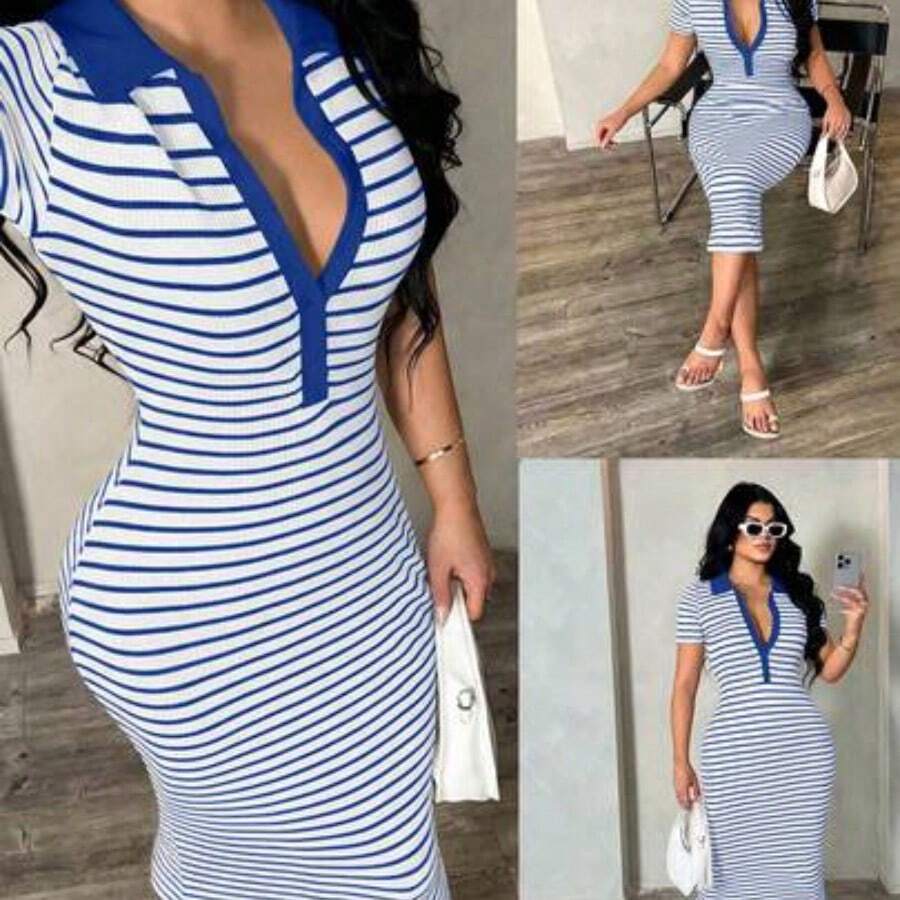 Women's Casual Minimalist Fashion Commuter Style Short Sleeve Black & White Striped Polo Dress, Knit High Stretch Fitted Mid-Length Dress, French Elegant Dress V Neck Striped Dress Striped Bodycon Dress Curve Casual Dress V Neck Dresses Women Bodycon Summer Dress - Azul y blanco - Ver 1