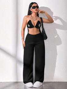 Pantalones rectos sueltos de cintura alta de unicolor casual para mujer, negro - Negro - Ver 4
