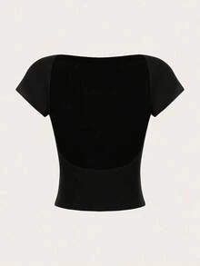 2 piezas Camiseta corta y ajustada casual de mujer con cuello redondo y espalda descubierta, para verano - Multicolor 14 - Ver 4