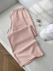 1 pieza Pantalones casuales de mujer a rayas amarillas, tela de burbujas arrugada, cintura súper baja con cordón, pantalones rectos de ajuste relajado, casual y romántico - Rosa - Ver 6