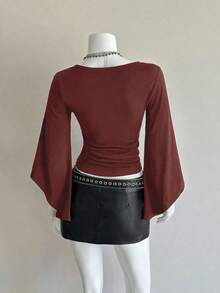 Camiseta ajustada con cuello en V profundo y mangas acampanadas sexy - Burdeos 2 - Ver 2