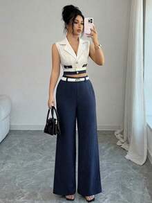 Conjunto de blazer corto sin mangas de color contrastante y pantalones rectos elegantes de estilo de oficina para mujer, atuendo profesional de oficina, vestimenta de maestra, ropa para ir y venir y uso casual - azul real - Ver 5