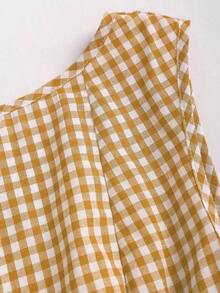 Vestido casual de mujer con cuello de barco, sin mangas, con estampado de cuadros, espalda descubierta, contraste de color, lazo en la cintura y silueta evasé, para primavera/verano - Amarillo - Ver 3