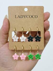LADYCOCO 4 Pasang/Set Anting Gantung Motif Enamel Fashion dengan Motif Daun Semanggi dan Bunga Warna-warni, Cocok untuk Dipakai Sehari-hari oleh Wanita - MultiWarna - View 5