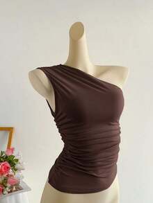 Blusa corta de un hombro con pliegues color albaricoque, minimalista, casual, elegante y versátil para uso diario de mujer, primavera/verano - Marrón - Ver 3