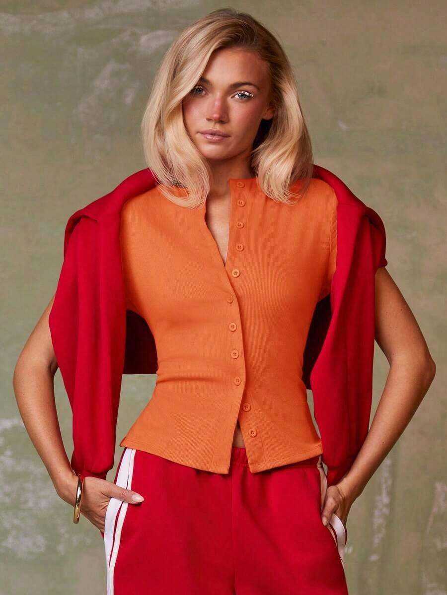 Cárdigan rojo casual para mujer - Naranja - Ver 1