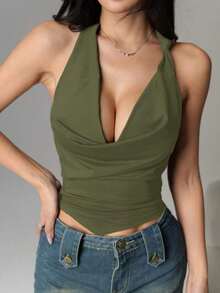 Blusa de punto con cuello drapeado sexy en color borgoña para mujeres - Verde militar - Ver 1