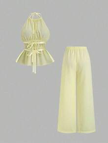 Conjunto de 2 piezas estilo francés relajado con camiseta sin mangas de cintura ceñida y pantalón ancho de pierna holgada, un conjunto de moda para mujeres - Amarillo - Ver 2