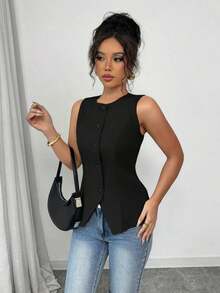 Camisa informal sin mangas de unicolor para el viaje del verano - Negro - Ver 7