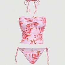 MOD 2pcs/Set Halter Neck Ruffled Floral Print Top With Side Tie Triangle Bottom Swimsuit,Tank Tops, Cute, Kawaii - Rosa coral - Ver 1