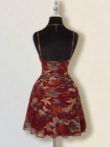 Vestido mini plisado con estampado de hoja de arce vintage para mujer, adecuado para vacaciones de verano y ropa de vuelta al colegio - Burdeos - Ver 2
