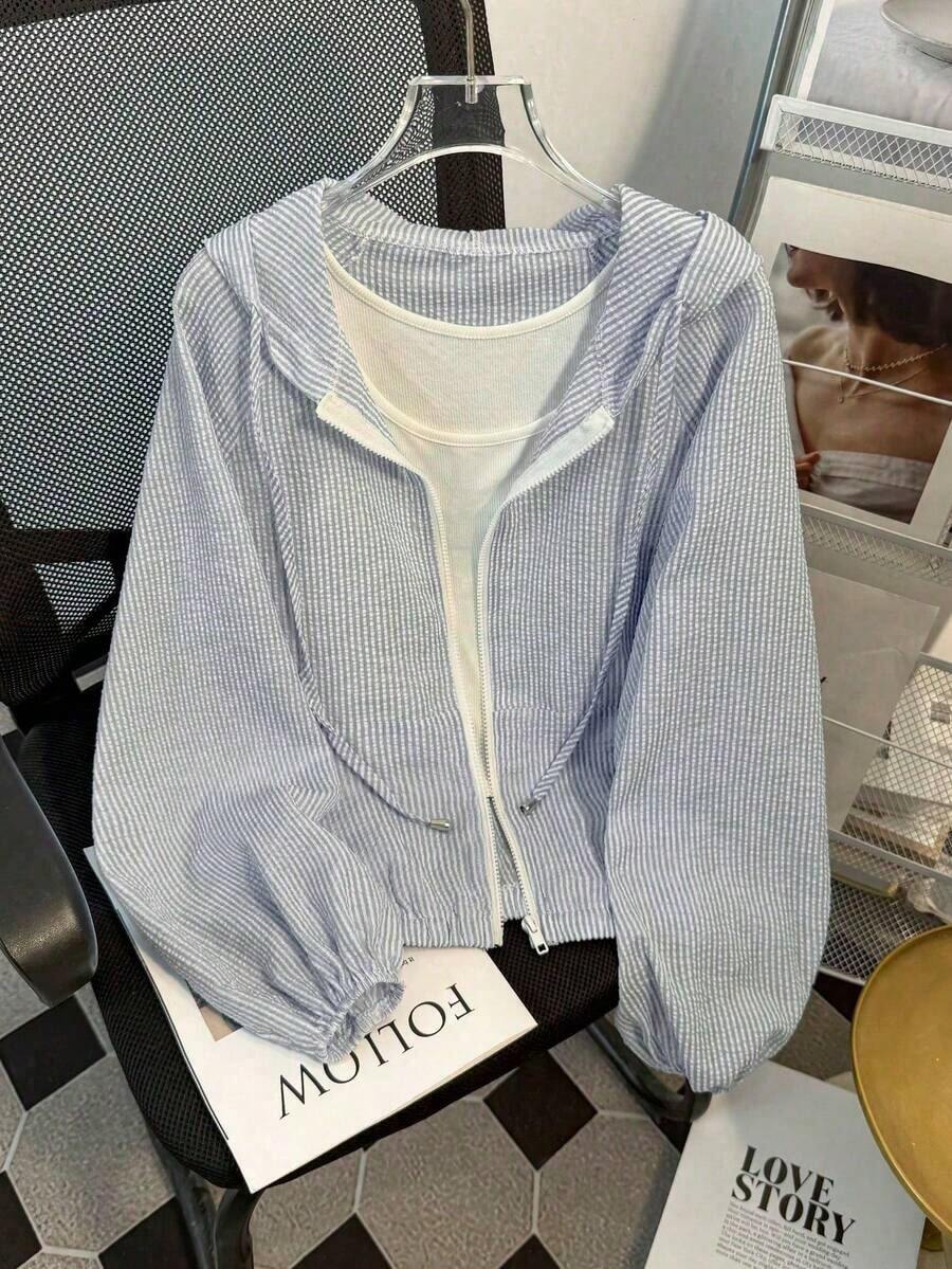 Chaqueta con capucha ligera y casual con cremallera para protección solar, adecuada para primavera y verano - Gris - Ver 1