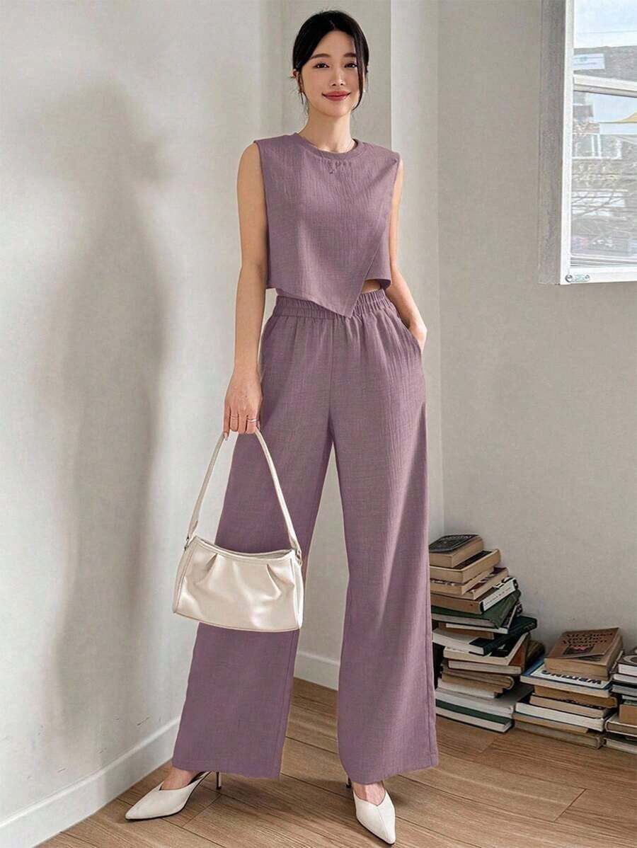 Set de 2 piezas de camisa y pantalones de pierna ancha de unicolor para mujer, conjuntos de ropa de descanso para mujer - Rosa - Ver 1