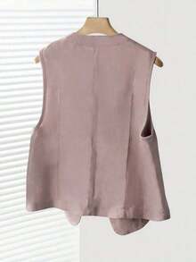 Chaleco corto de lino casual para mujer, color blanco, para primavera y verano - Rosa vieja - Ver 2