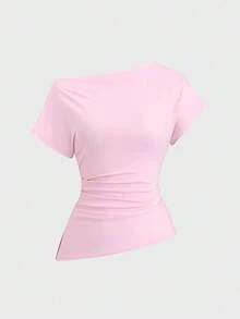 Camiseta de mujer de unicolor con pliegues, ajuste ceñido y hombro asimétrico de manga corta - Rosa - Ver 7
