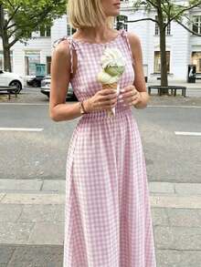 Vestido maxi a cuadros marrones 2026 para mujer, con tirantes de lazo y cintura fruncida con volantes, estilo minimalista casual y perfecto para vacaciones y uso diario - Rosa Pálido - Ver 6