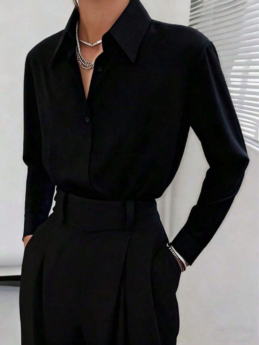 Camisa casual suelta de botones de unicolor con hombros caídos, manga larga para primavera - Negro - Ver 1