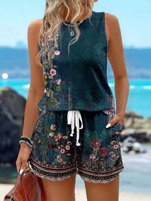 Conjunto de 2 piezas: top de tirantes con cuello redondo y estampado floral vintage casual, y camiseta de manga corta, apropiados para el verano - Multicolor 2 - Ver 6