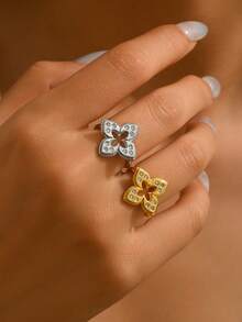 1 pieza Anillo abierto ajustable con flor de cuatro hojas hueca incrustada con piedra de circonita de cobre, estilo minimalista de moda, accesorio versátil para uso diario, regalo de vacaciones para mujeres - Multicolor - Ver 3