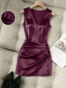 Vestido ajustado con cuello en V sin mangas, cintura plisada e irregular, vestido de satén para mujer, vestido de primavera/verano para mujer, vestido elegante de fiesta para mujer, atuendo de vacaciones para mujer, atuendo del Día de San Valentí - Morado - Ver 5