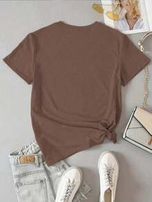 Camiseta de manga corta con cuello redondo y bordado de sol de playa para mujer - Marrón café 2 - Ver 2