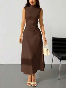 Vestido maxi de línea A con cuello mao, sin mangas, fruncido, color blanco, nuevo para el Día de San Valentín.Elegante y romántico atuendo para citas y trabajo, vestidos de verano para mujer - Marrón - Ver 8